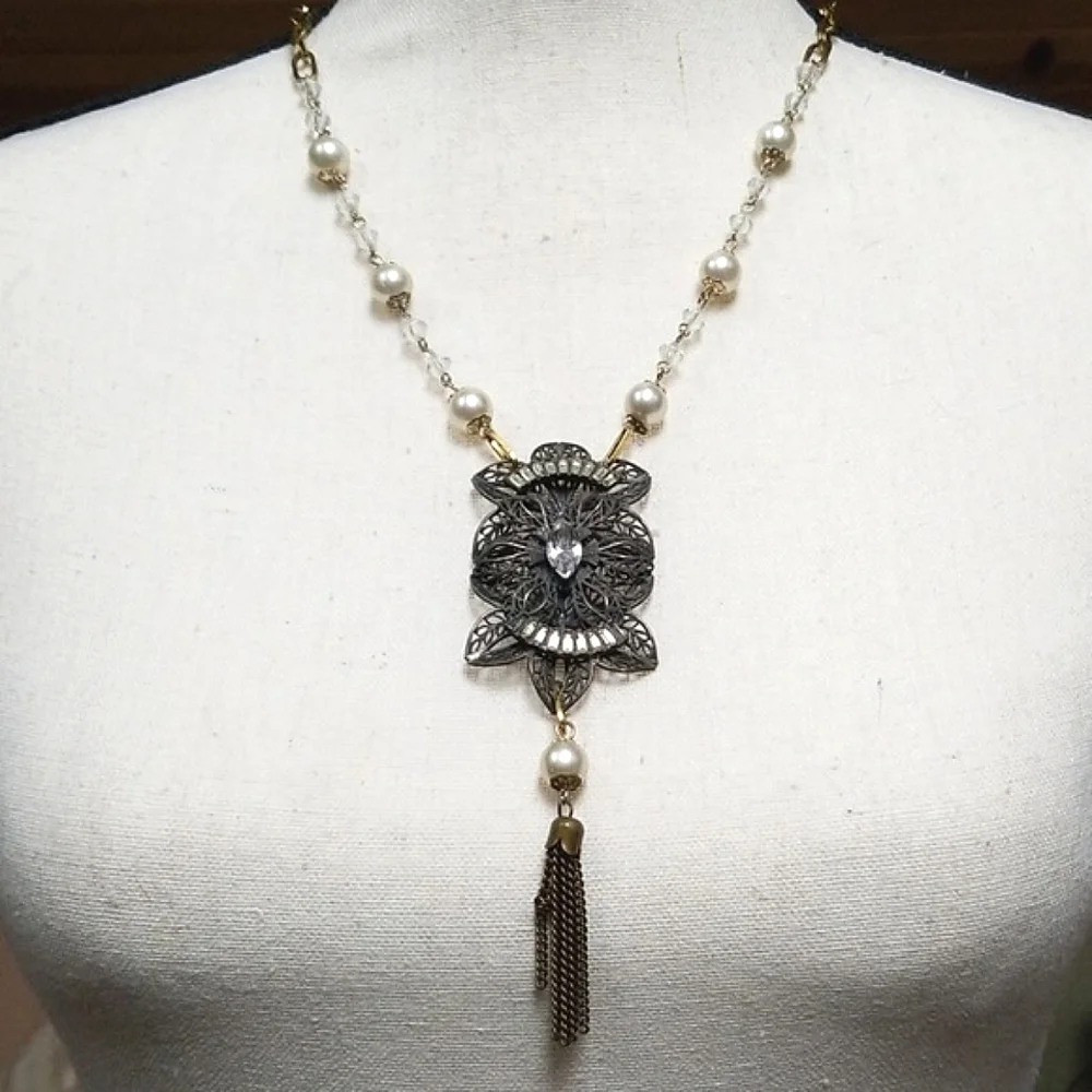 Repurposed Vintage Necklace 1920s Art Deco Faux Pearl Hand Crafted - Picture 6 of 12